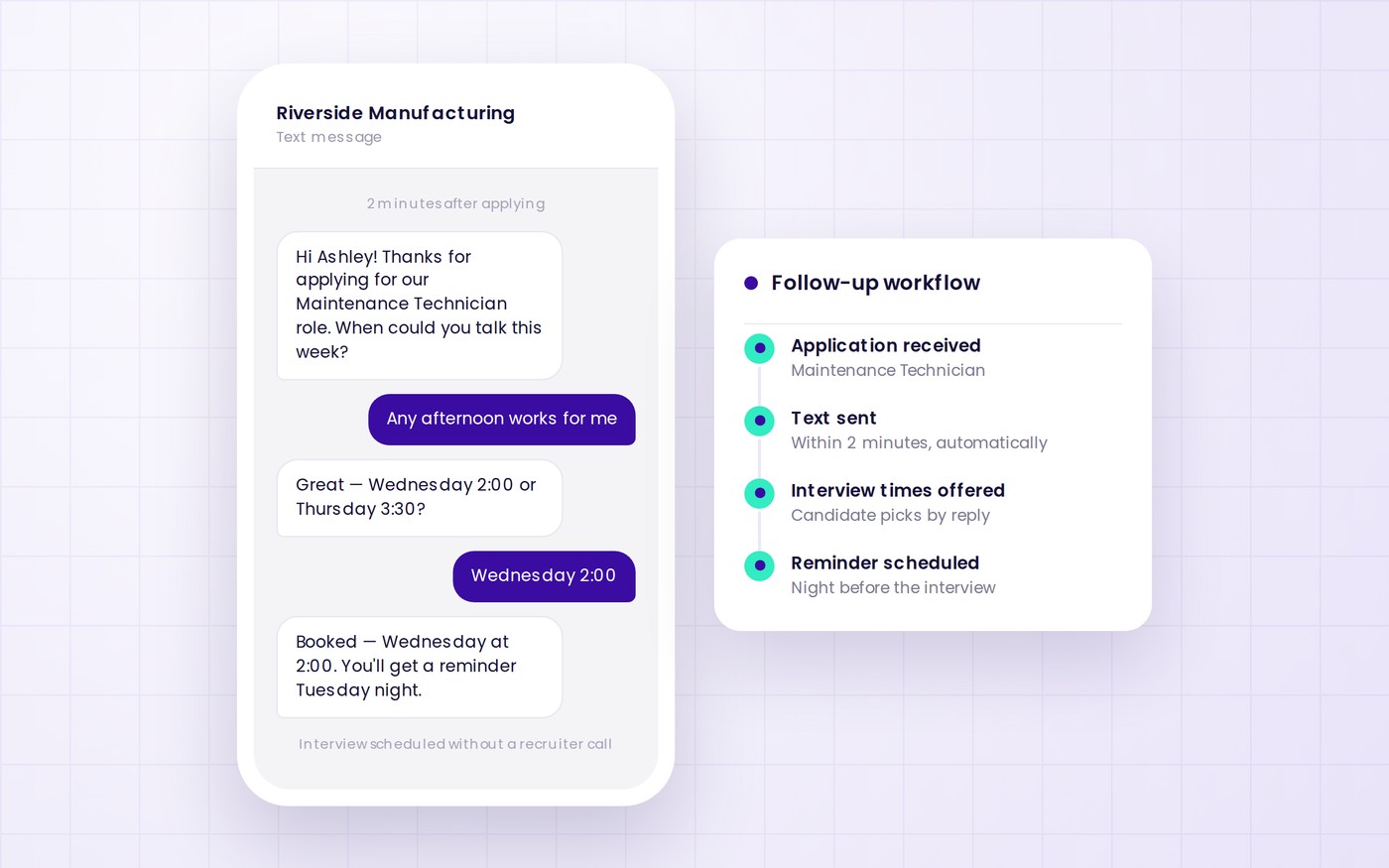 An automated text conversation booking an interview two minutes after an application, beside the follow-up workflow that sent it