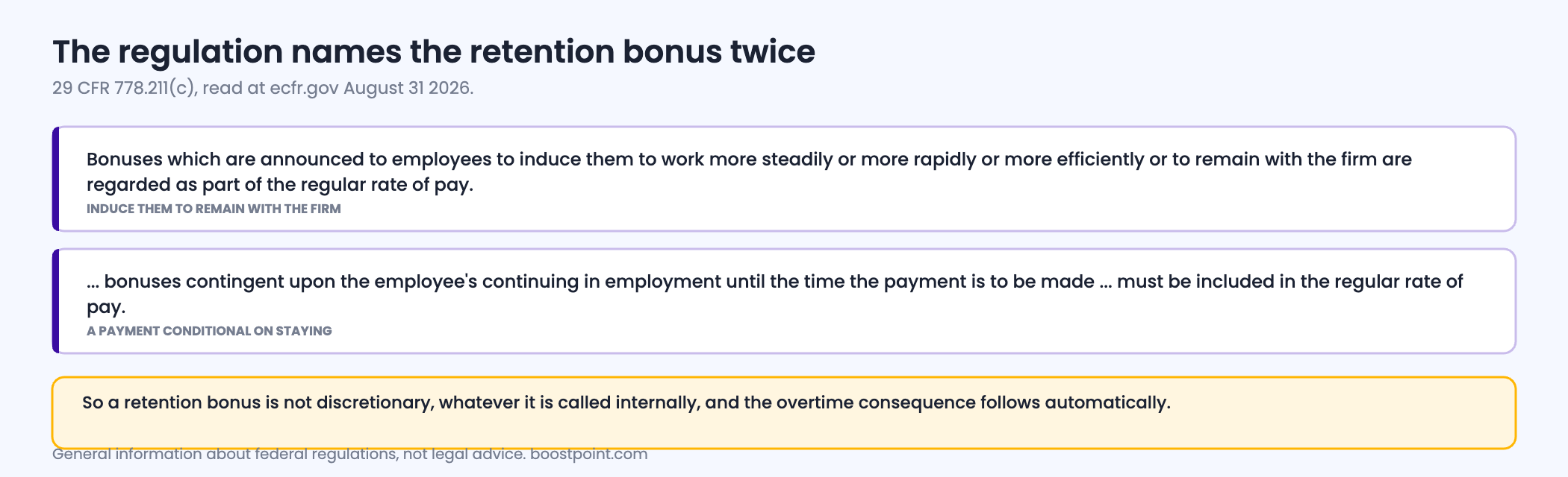 Figure quoting the federal regulation that bonuses announced to induce employees to remain with the firm are regarded as part of the regular rate of pay, alongside the phrase about bonuses contingent on continuing in employment.